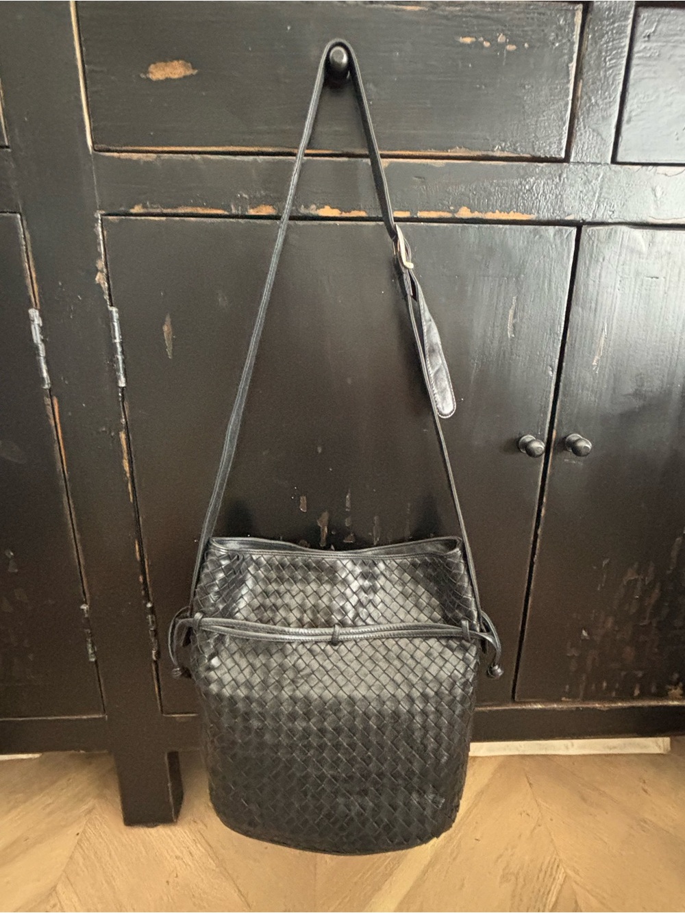 Vintage Bottega Veneta Black Intrecciato Woven Leather Shoulder Bag Italy